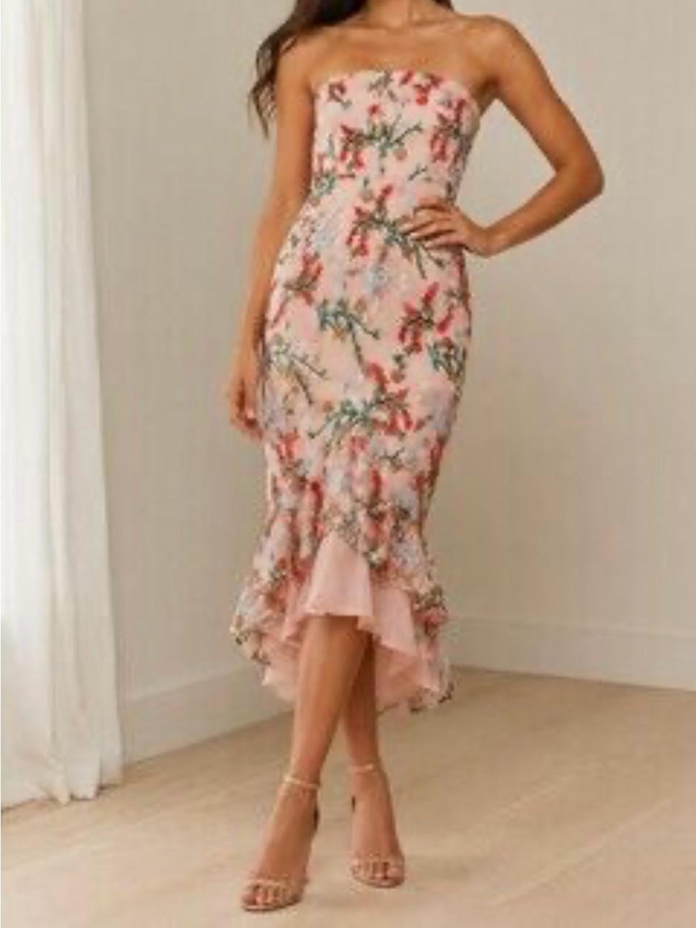 Sam Edelman Strapless Intricate Embroidered  Pink Floral Mermaid Dress S: 6
